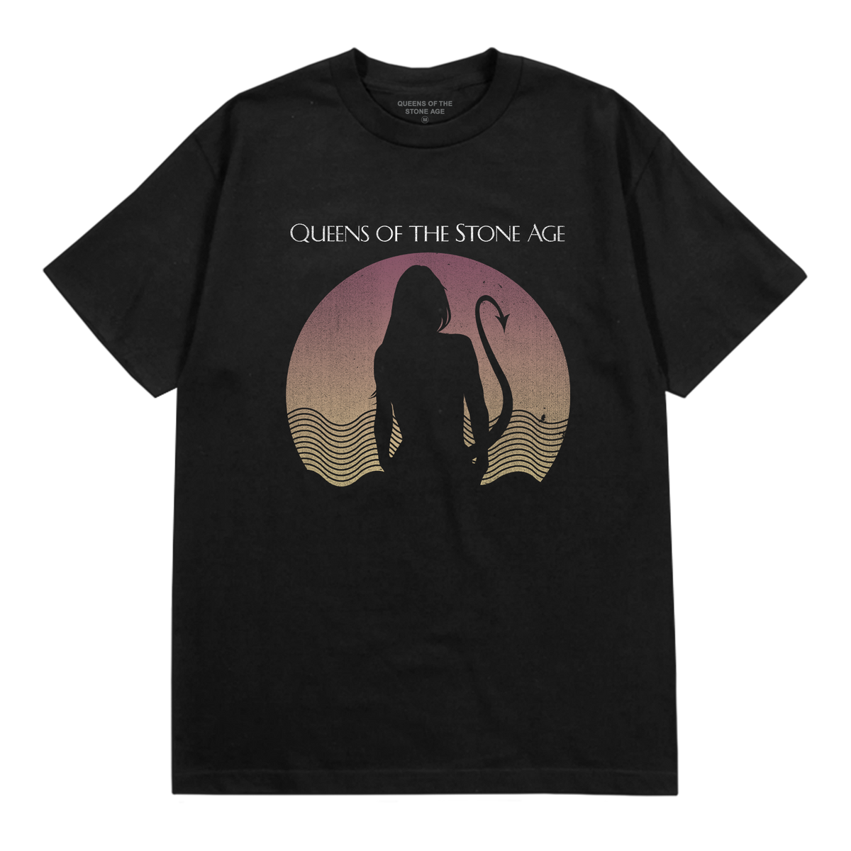 Black t-shirt with 'Queens of the Stone Age' text logo and silhouette design of a woman with a devils datil with a wave pattern and yellow pink hue background.