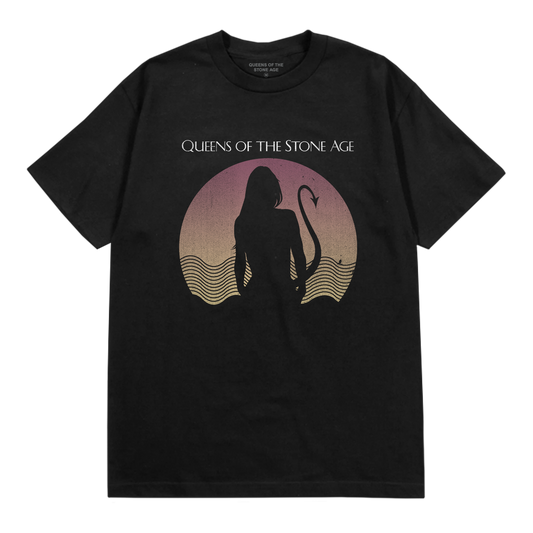 Black t-shirt with 'Queens of the Stone Age' text logo and silhouette design of a woman with a devils datil with a wave pattern and yellow pink hue background. 