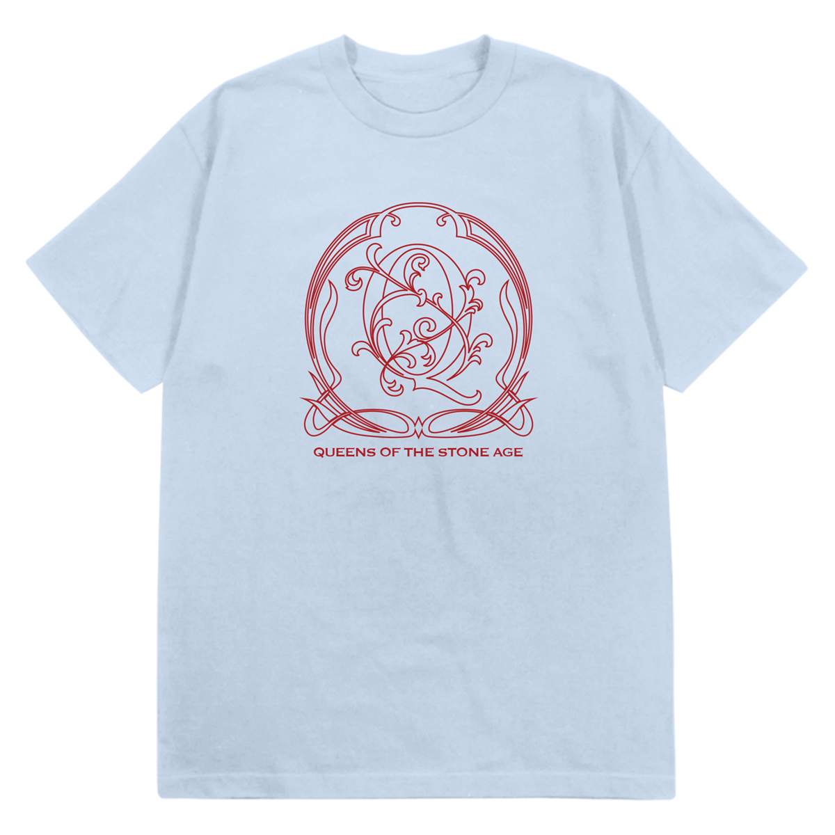 A light blue tee with a red decorative QOTSA logo on the front