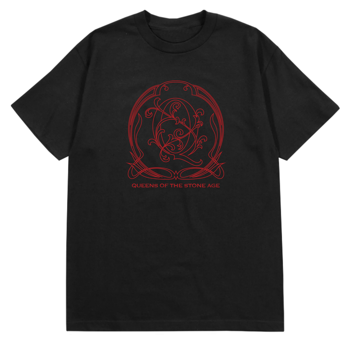 A black tee with a red decorative QOTSA logo on the front