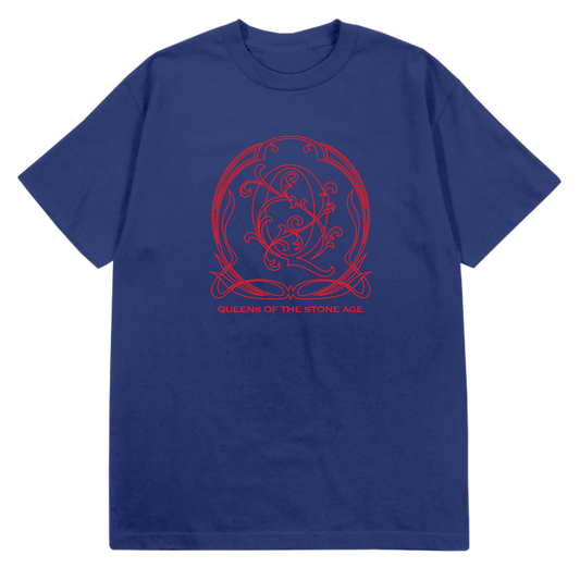 A dark blue tee with a red decorative QOTSA logo on the front